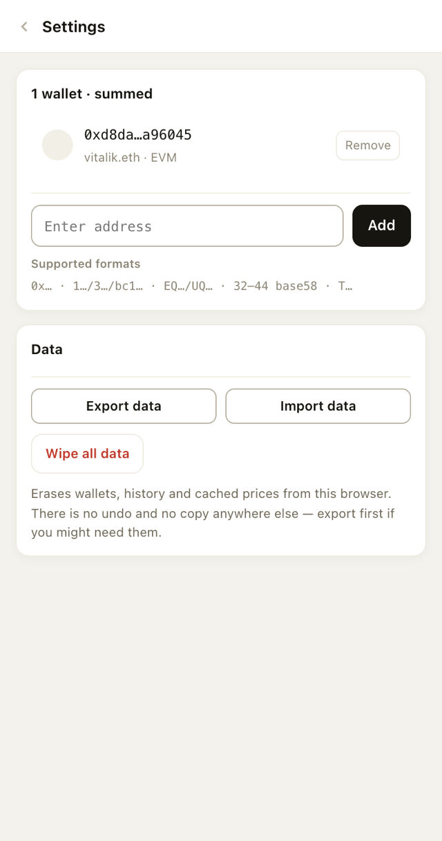 Settings screen: wallet list, add address field, export, import and wipe all data