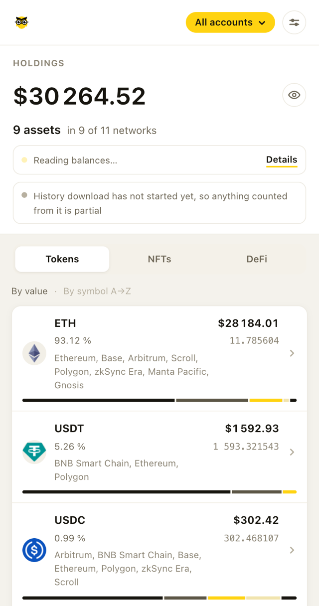 Tokens tab: total value, assets sorted by value, and the networks each one sits on